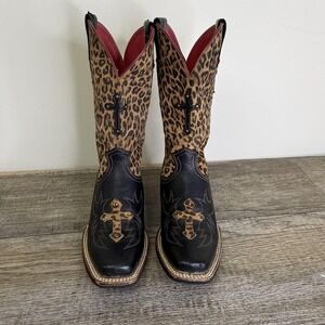 Ariat Western Boots Womens Size 7B Black Leopard Print Cross Square Toe Cowgirl
